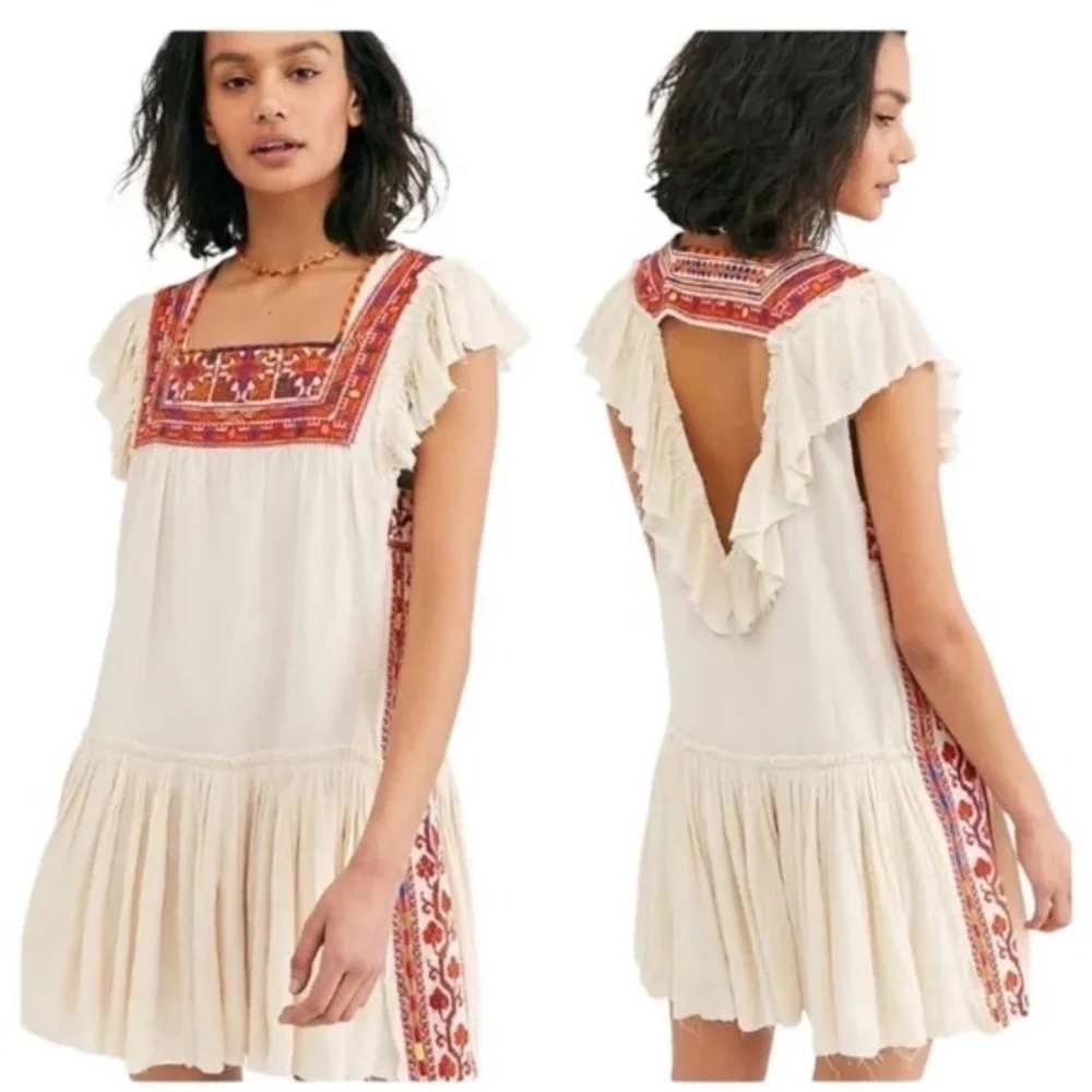 NEW Free People Day Glow Mini Dress M Boho Embroidered Cotton Gauze Festival